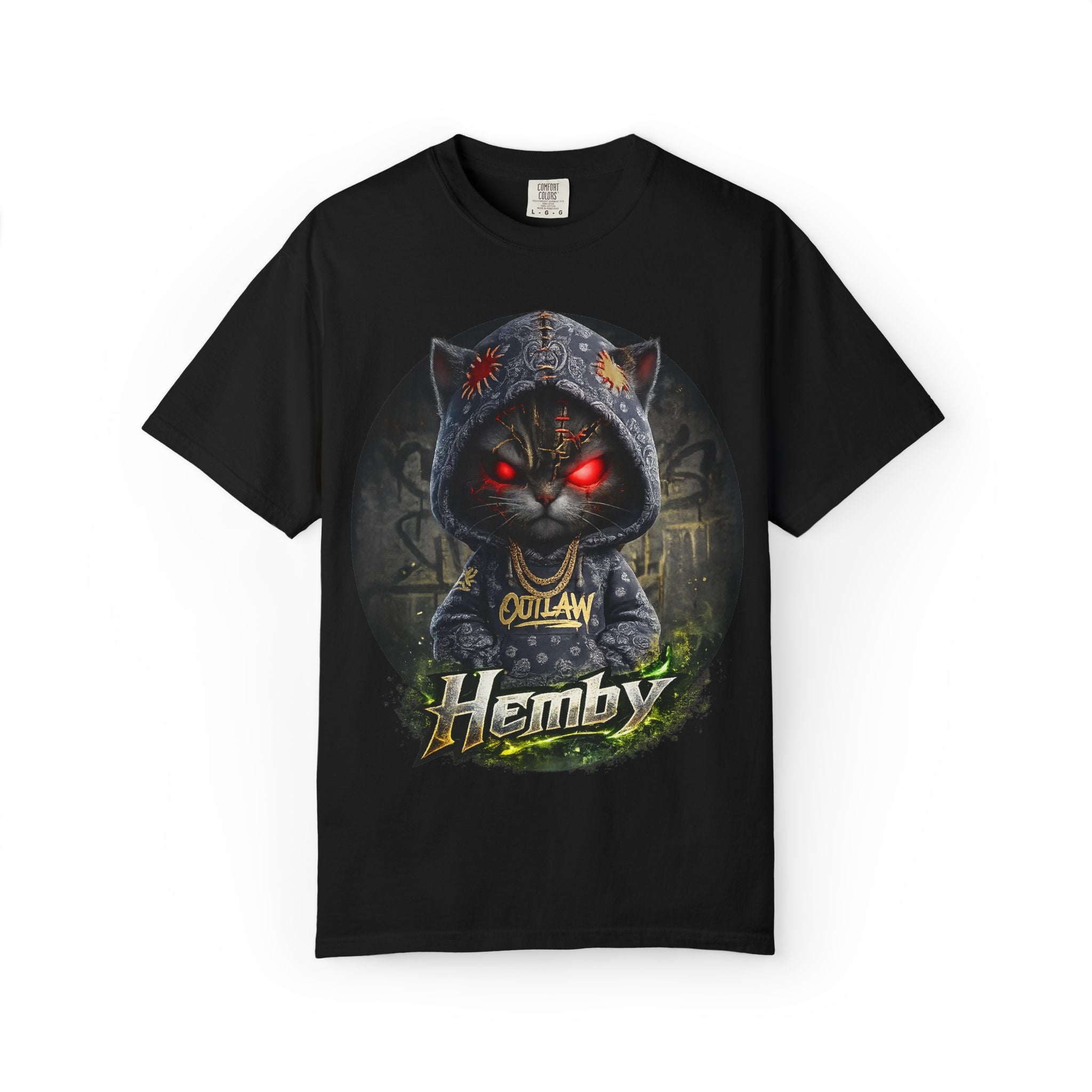 Outlaw Cat Graphic Tee — 'Hemby' Dark Hoodie Cat with Red Eyes