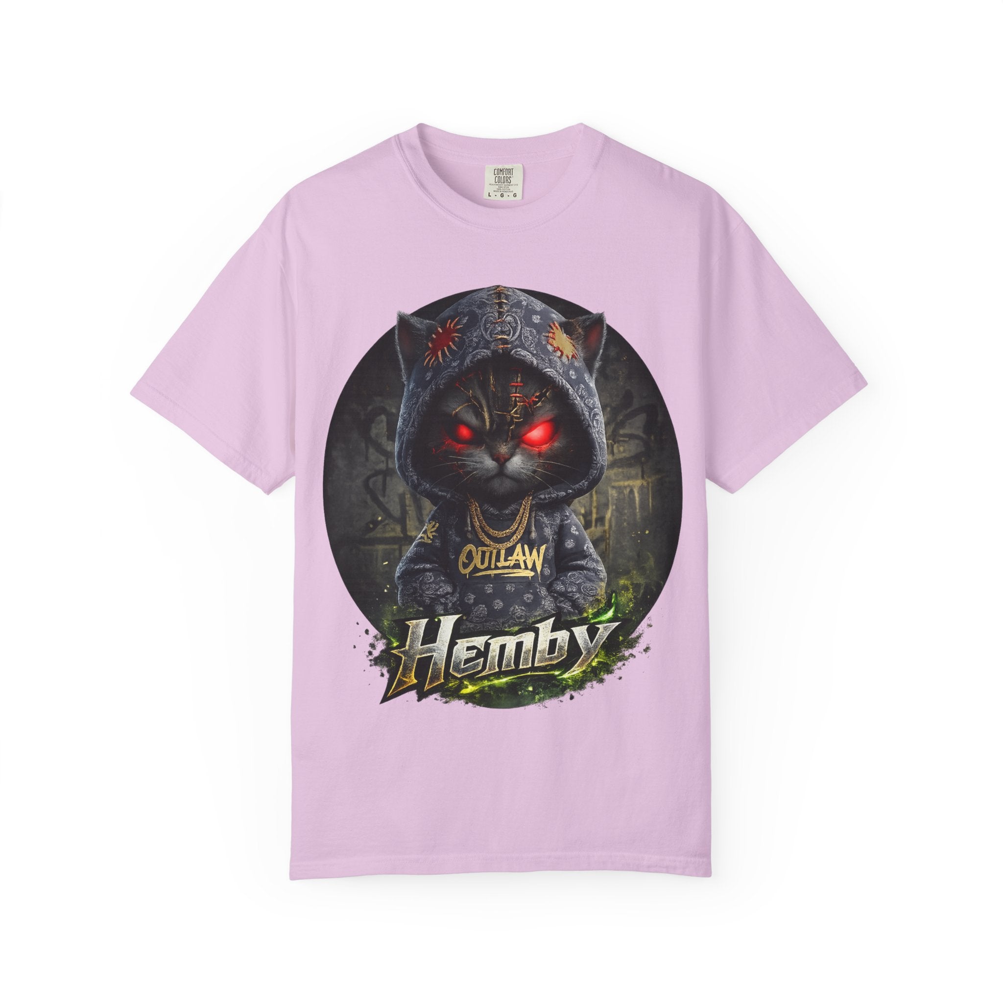 Outlaw Cat Graphic Tee — 'Hemby' Dark Hoodie Cat with Red Eyes