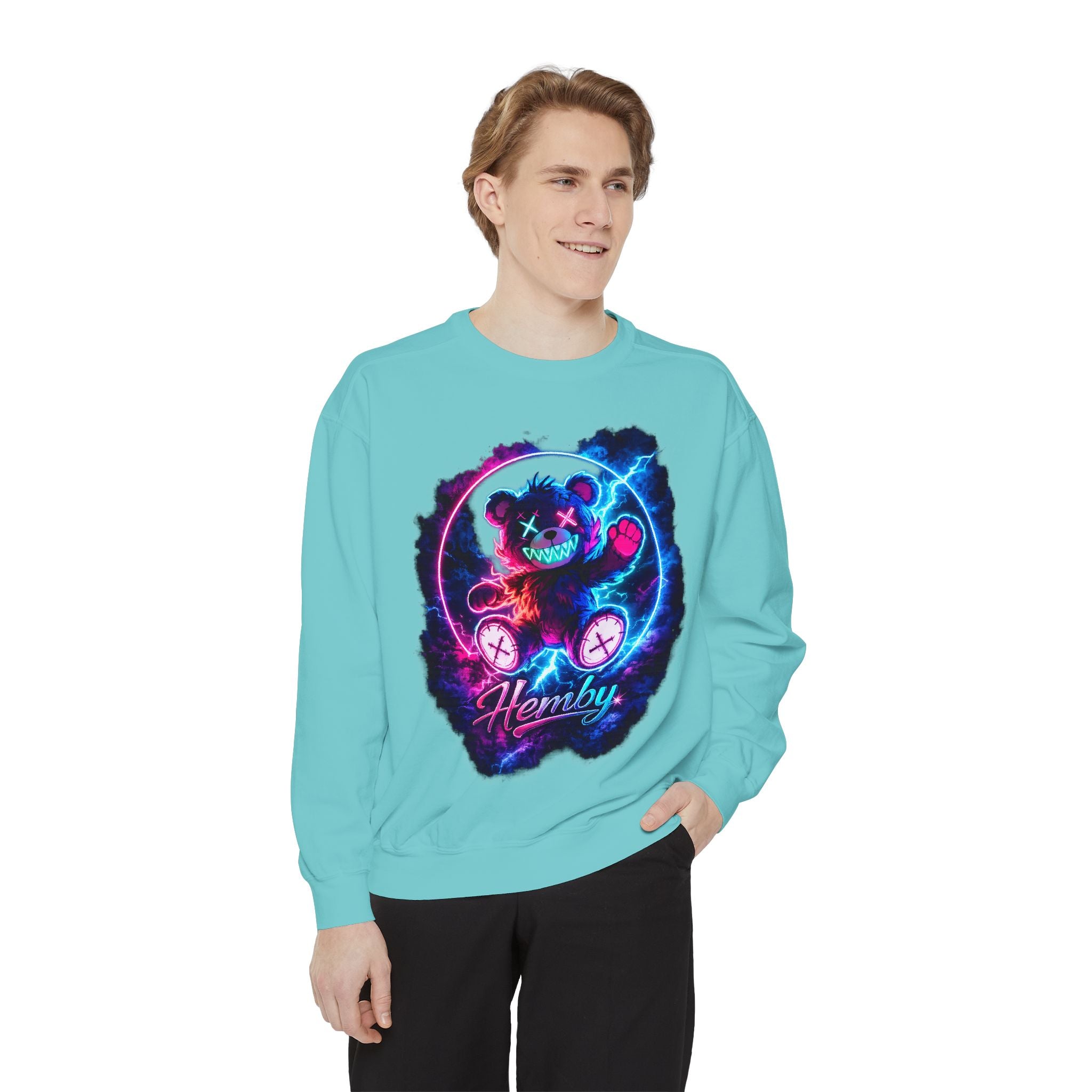 Distressed Neon Bear Graphic Sweatshirt — 'Hemby' Streetwear Crewneck