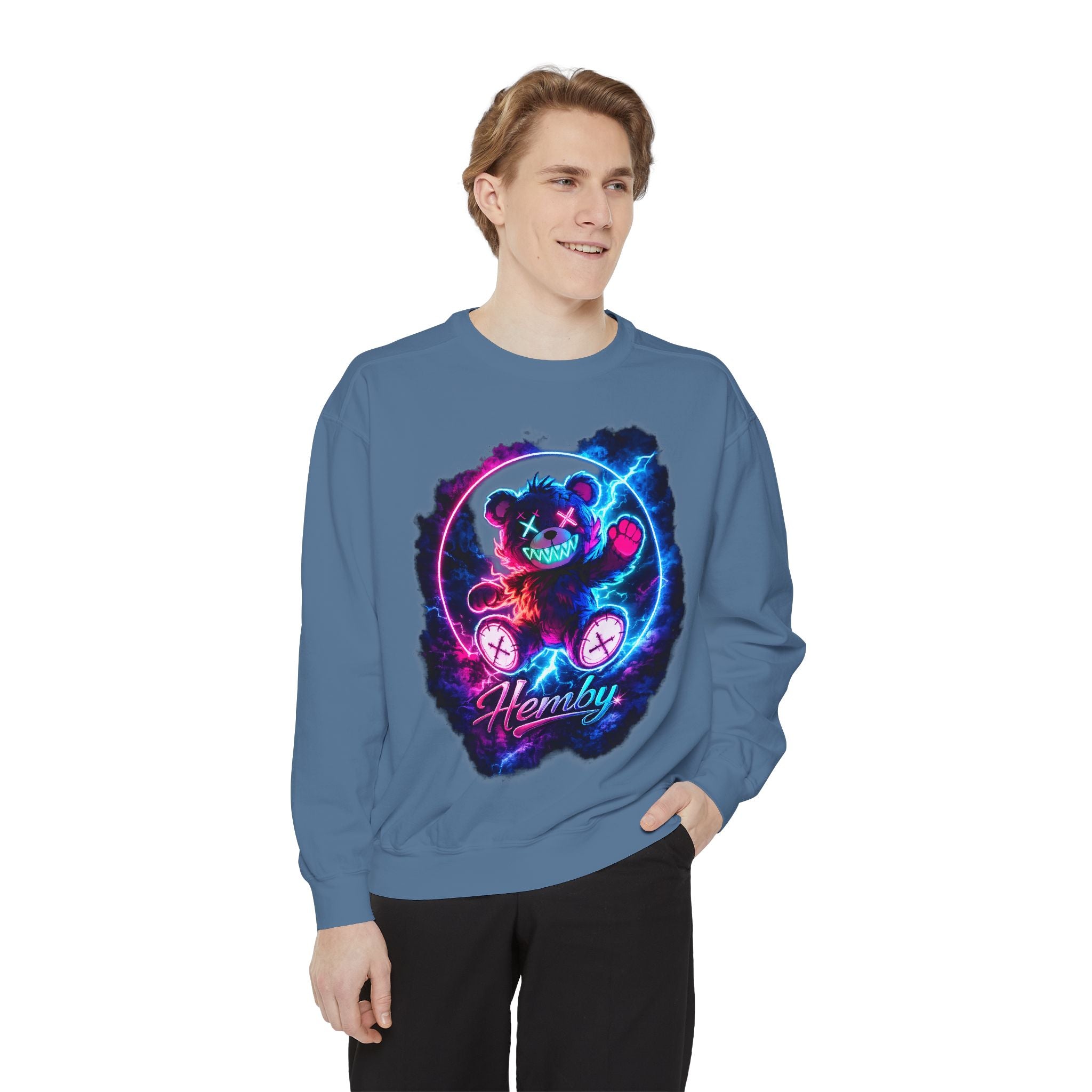 Distressed Neon Bear Graphic Sweatshirt — 'Hemby' Streetwear Crewneck