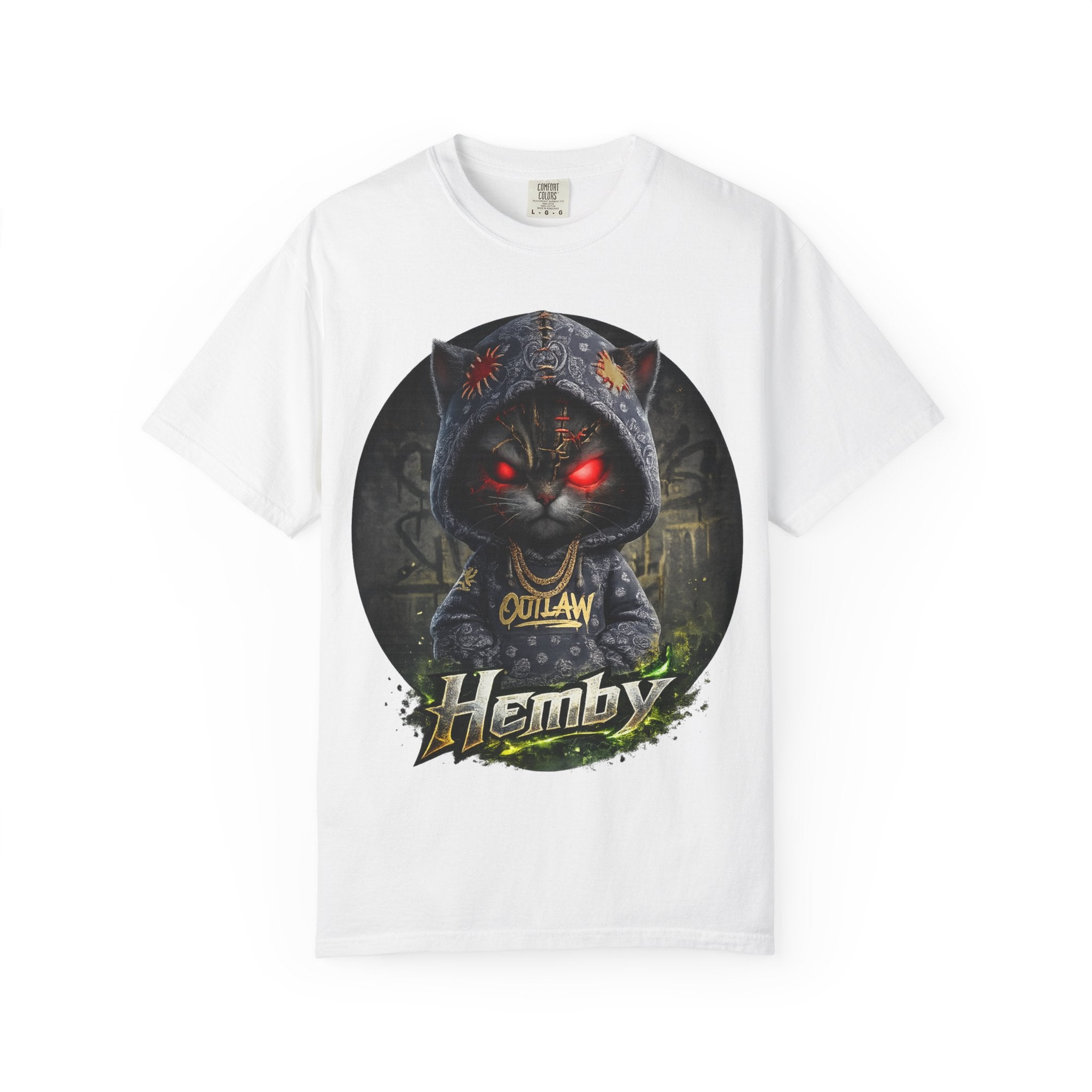 Outlaw Cat Graphic Tee — 'Hemby' Dark Hoodie Cat with Red Eyes
