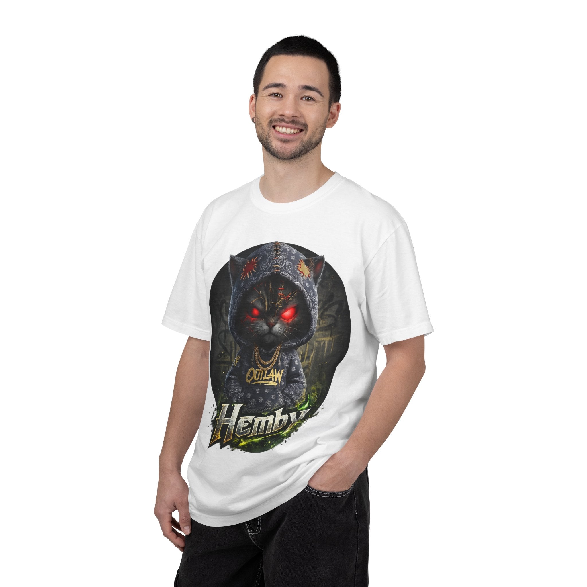 Outlaw Cat Graphic Tee — 'Hemby' Dark Hoodie Cat with Red Eyes